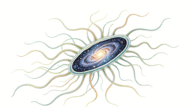 Surreal Colored Pencil Illustration of a Flagellated Single-Celled Microbe Containing a Luminous Spiral Galaxy Within Its Translucent Cell Body