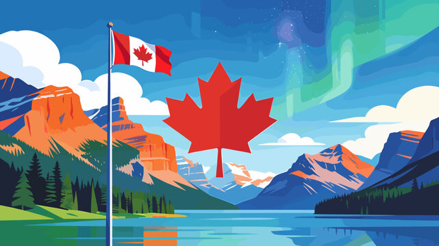 A vibrant illustration of a Canadian landscape featuring a waving flag, a prominent maple leaf, majestic mountains, a serene lake, and the Northern Lights.