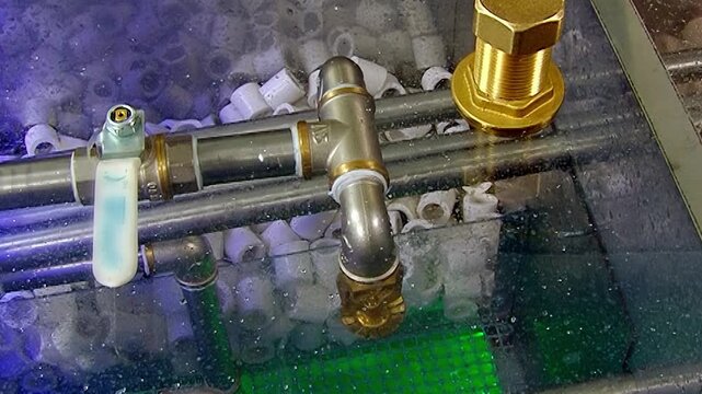 Emerald fluid dances with effervescent bubbles around gleaming metal pipes inside air hydro filter. This ingenious system actively purifies incoming air, showcasing serene, continuous cleansing action