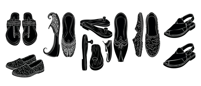 Traditional Indian Footwear Set, Ethnic Sandals and Slippers, Classic Jutti and Peshawari Chappal Collection, Vector Silhouette Illustration for Cultural Fashion, Heritage Craftsmanship Isolated Desig