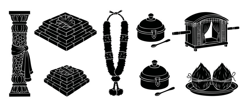 Hindu Wedding Icons Set, Traditional Indian Ritual Elements and Ceremony Objects, Vector Illustration of Mandap Pillar, Fire Pit, Flower Garland, Palki Palanquin and Puja Coconuts for Festival Graphic