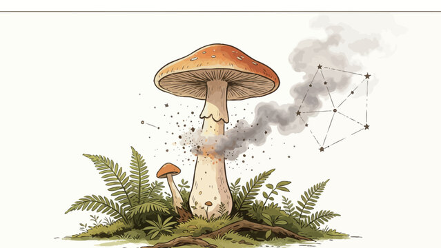 Whimsical Vintage Ink and Watercolor Illustration of a Spotted Agaric Mushroom Emitting an Orion Constellation Shaped Smoke Cloud Above Lush Forest Undergrowth