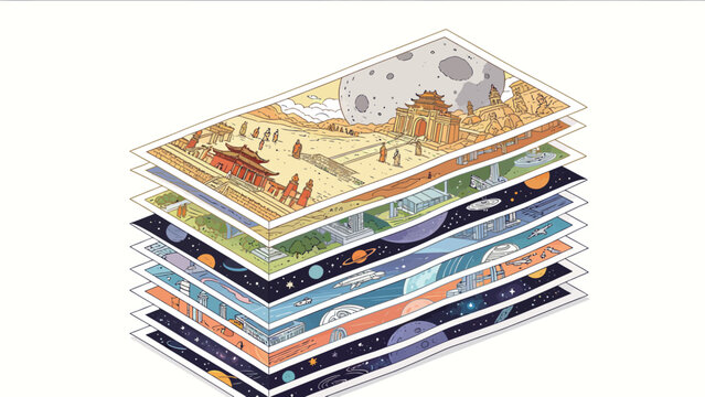 Isometric Stack of Layered Illustrations Depicting Progression from Ancient Chinese Desert Historical Heritage to Modern Cities to Deep Space Exploration