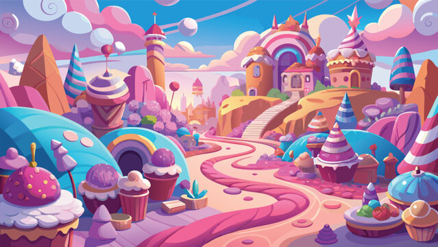 Magical candy land with a sweet cupcake castle and pink winding path in a fantasy world Vector