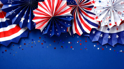Obraz premium Patriotic Paper Fans with Stars and Stripes on Blue Background for Fourth of July Party Decoration Banner and Invitation