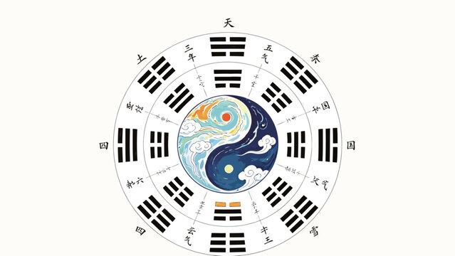 Traditional Chinese Taoist Cosmology Chart, Hand-Drawn Watercolor-Ink Taiji (Yin-Yang) Core with Concentric Bagua Eight Trigrams Rings, Celestial Sun Moon Cloud Motifs