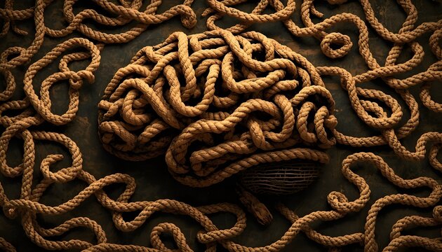 A creative representation of a brain made from tangled ropes on a dark background