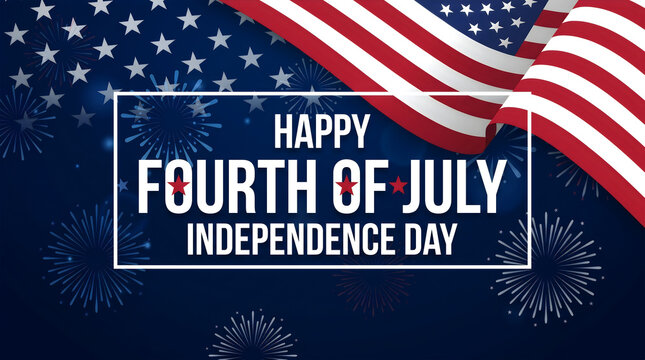 Happy Independence Day Fourth of July Banner with Waving American Flag and Fireworks for Patriotic Event Website Header