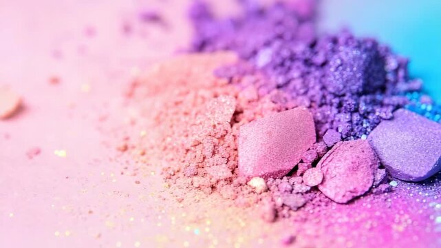 Colorful powder sits on a flat surface. It includes pink and purple shades. Light shines on the materials. The art shows various shapes and textures of the powder