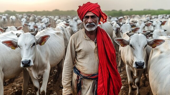 Resilient herder guiding cows through fields, embodying rural life and tradition in daily struggle.