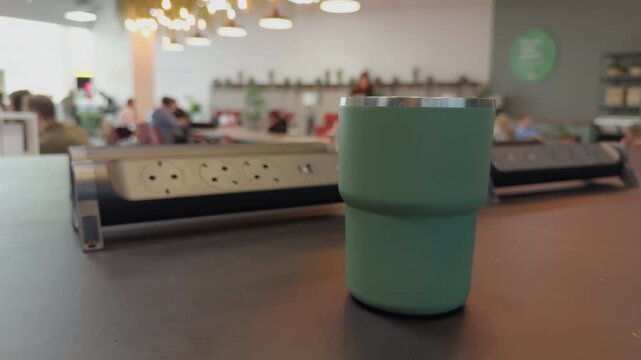 Reusable cup amidst lively cafe scene. Sustainable travel mug captures cozy social setting