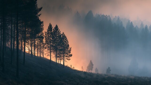 Forest fire burning in woodland at dusk with thick smoke and glowing light