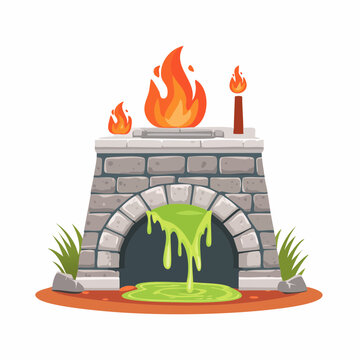 Cartoon Alchemy Furnace with Green Slime and Fire