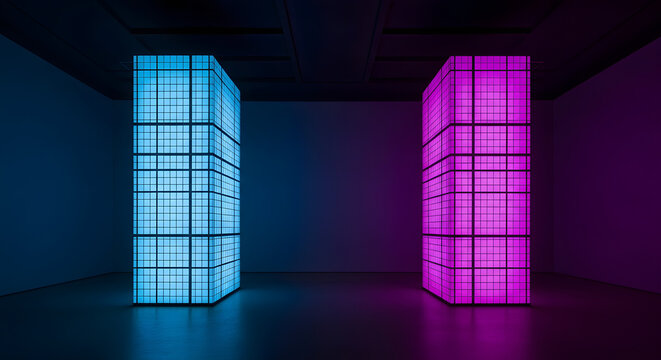Illuminated neon rectangular prisms blue and magenta in a dark modern gallery space isolated on transparent background