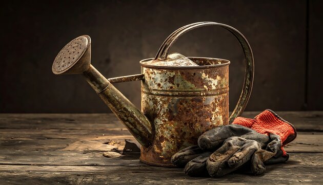 A rusty watering can and gardening gloves on a wooden surface