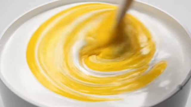 Mixing yellow paint into white creating a swirling effect in a round container from an overhead perspective