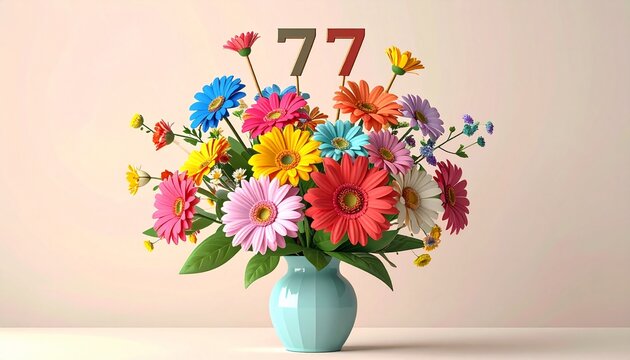 Vibrant Flower Bouquet with Number 77 for Birthday or Anniversary Celebration