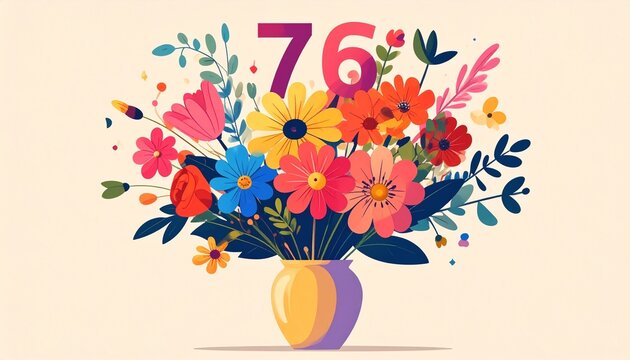 Vibrant Flower Bouquet with Number 76 for Birthday or Anniversary Celebration