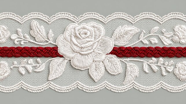 Decorative lace ribbon with white embroidered rose and red braided trim isolated on white background