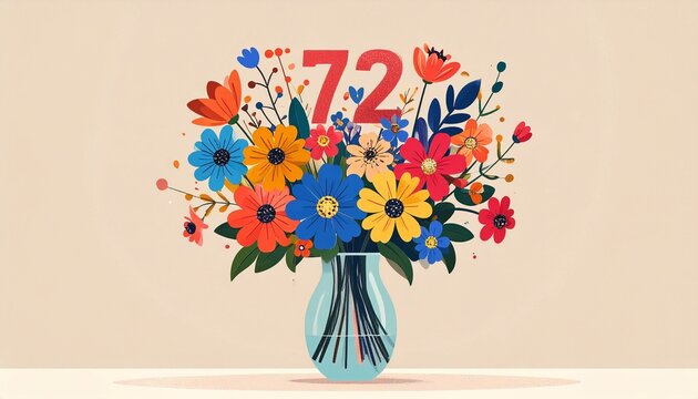 Vibrant Flower Bouquet with Number 72 for Birthday or Anniversary Celebration