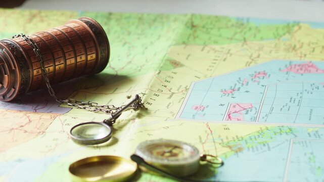 Close-up of a hand using a magnifier over a detailed map with a compass and cryptex, suggesting treasure seeker investigation, navigation, and decoding hidden clues.