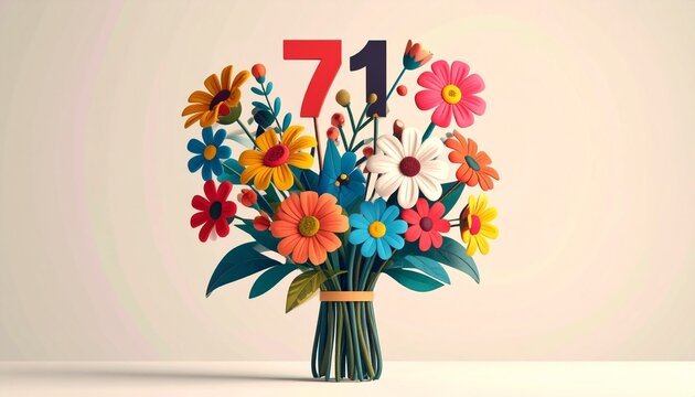 Vibrant Flower Bouquet with Number 71 for Birthday or Anniversary Celebration