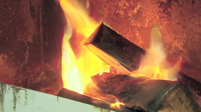 Witness a breathtaking fiery purification process. Logs ignite with a vibrant blaze, creating golden flames.