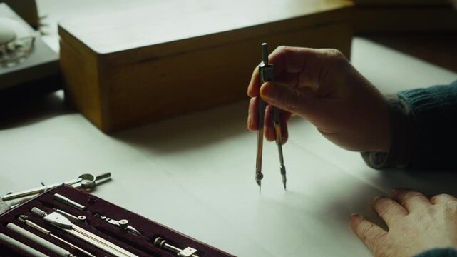 Medium shot of a person using a compass to draw a precise circle, emphasizing accuracy, planning, and disciplined technical or creative work.