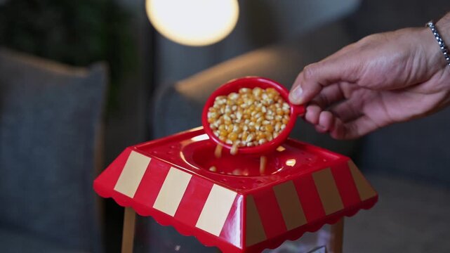 a hand pouring dried corn kernels from a red measuring cup into a retro popcorn machine. Warm indoor lighting at home during movie night preparation in a modern living room.