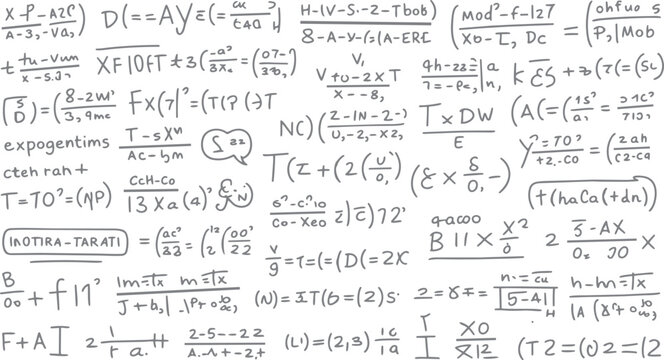 Hand drawn mathematical equations and symbols scattered across a white background with a grey tone mathematics