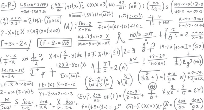 Handwritten mathematical equations and formulas scattered across a white background mathematics algebra