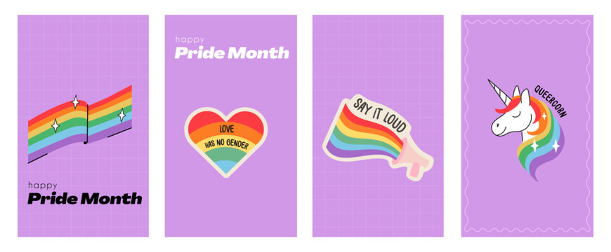 Set of vertical pride month posters with rainbow flag, heart, megaphone, and unicorn. Retro aesthetic banners for lgbtq celebration, social media stories, and community events. Vector illustration.
