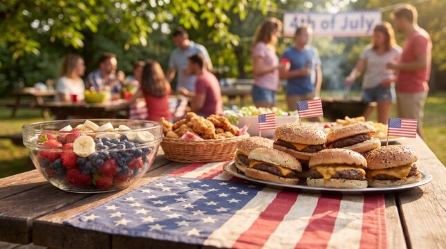 Close-up of Decorated Picnic Table and Classic BBQ Food for 4th of July Backyard Cookout