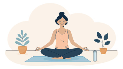 Obraz premium Smiling woman practices yoga on a blue mat with plants and a water bottle nearby in a serene minimalist setting