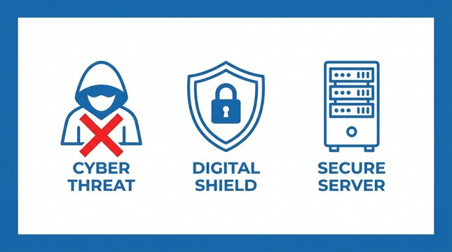 Cybersecurity business concept with threat shield and secure server icons protecting data