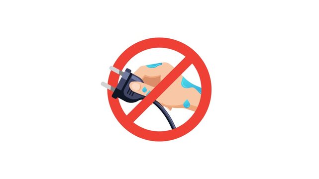 4K animation of a wet hand holding an electric plug with a red prohibition sign. Concept of shock prevention, danger, and safe electricity use.