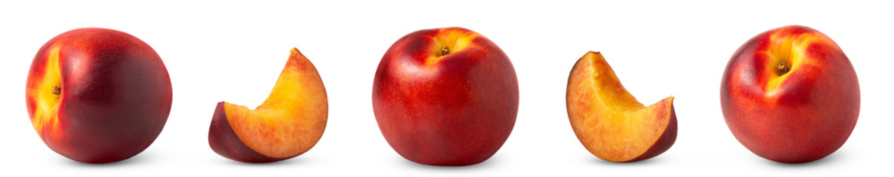 Red nectarine peaches and cut in slice of nectarine isolated collection.