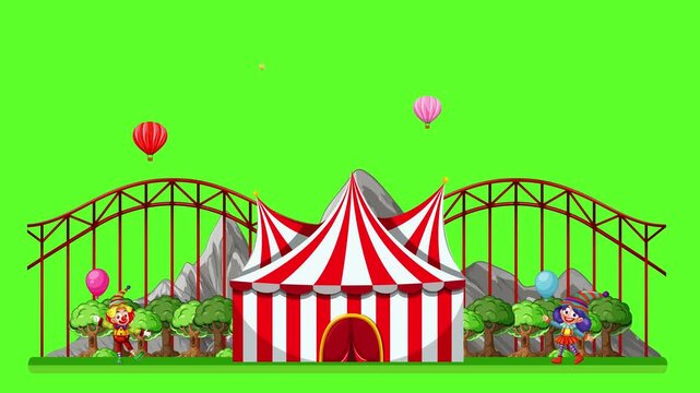 Animated Amusement Park with Roller Coaster and Circus Tent on Green Screen