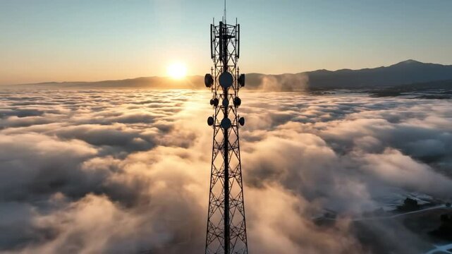 Drone footage of a cell tower piercing through a layer of clouds at sunrise, creating an idyllic aerial scene
