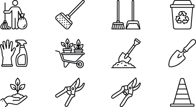 Comprehensive Gardening and Cleaning Service Icon Set Featuring Broom, Shovel, Wheelbarrow, Pruning Shears, Recycling Bin, and Janitorial Tools for Maintenance and Landscaping Designs