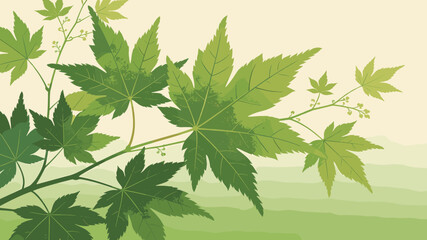 Fototapeta premium Vibrant green maple leaves on branches against a soft, light background, illustrating nature's beauty and growth.
