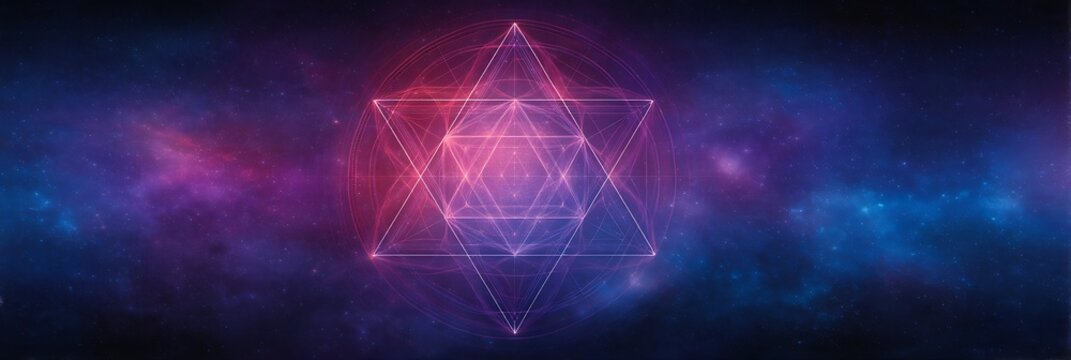 A glowing geometric star shape with overlapping triangles floats in a cosmic purple and blue galaxy background.