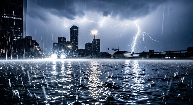 Severe thunderstorm illuminates the dark cityscape with brilliant lightning strikes over flooded streets
