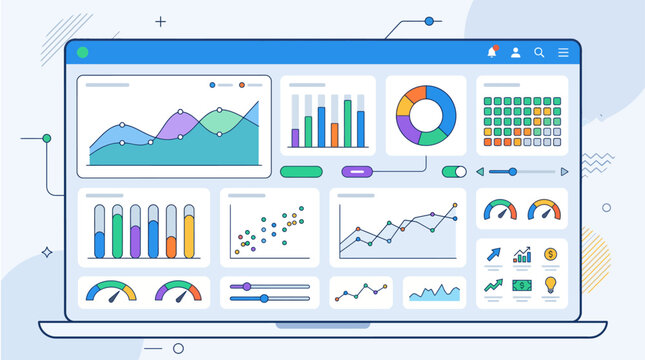 Professional SaaS analytics dashboard interface on laptop screen featuring various data visualizations and kpi metrics