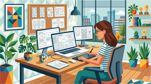 UI/UX designer working on website wireframes using a laptop and digital drawing tablet with multiple monitors.