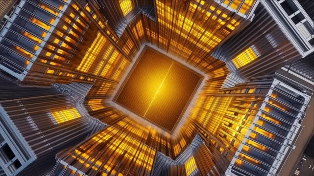 超高層ビル頂部で琥珀色に発光し起動する強固な暗号化セキュリティコアとサファイア回路網