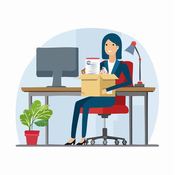 Woman packing personal belongings in a box at her office desk