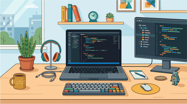 Developer workspace with laptop displaying computer code, headphones, and office accessories on a clean desk