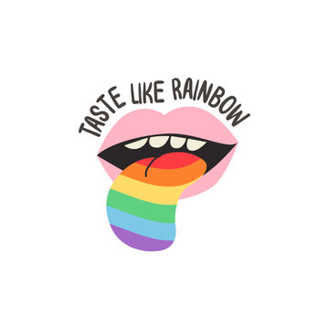 Retro pink lips with rainbow tongue and Taste Like Rainbow slogan isolated on white. 90s aesthetic pop art illustration with LGBTQ flag colors for pride month celebration, cheeky humor, stickers.