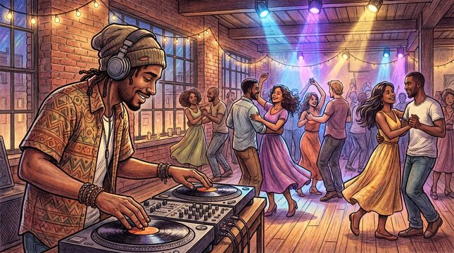 Lively Brick Loft Party with a Male DJ and Diverse Couples Partner Dancing Vector Illustration